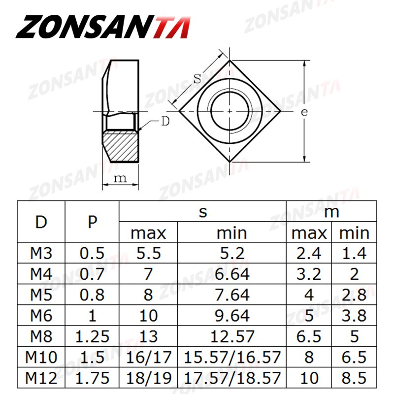 ZONSANTA Square Nuts M3 M4 M5 M6 M8 M10 M12 A2 304 Stainless Steel Din557 - KiwisLove
