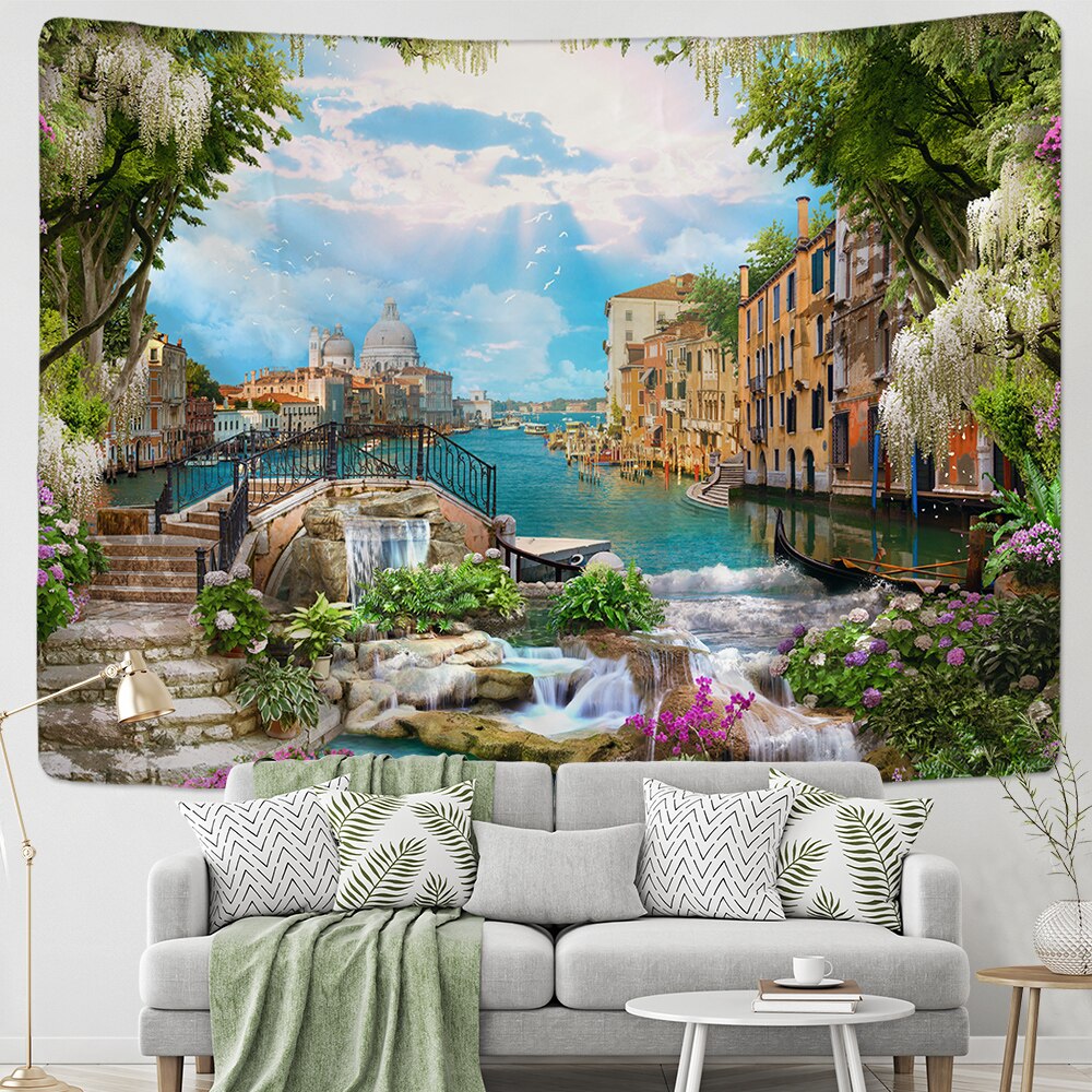 Fake Frame Tapestry Wall Hanging River Sky Clouds Bohemian Dorm Decor Yoga Mat Rug Architectural Attraction Venice - KiwisLove