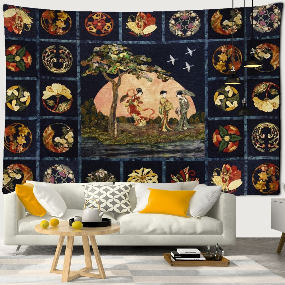 Plant Cactus Tapestry Wall Hanging Psychedelic Witchcraft Moon Starry Sky Mushroom Illustration Hippie Boho Style Home Decor - KiwisLove