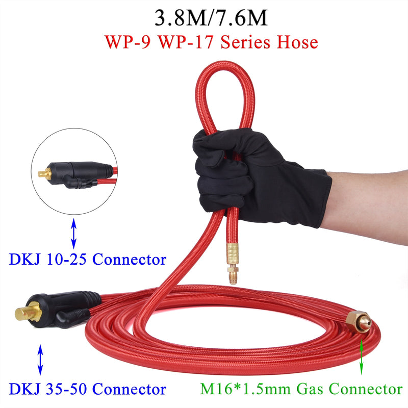 3.8/7.6m WP9 WP17 TIG Welding Torch Gas-Electric Integrated Soft Hose Cable Wires DKJ 10-25 35-50 w/ M16*1.5mm Gas Connector - KiwisLove