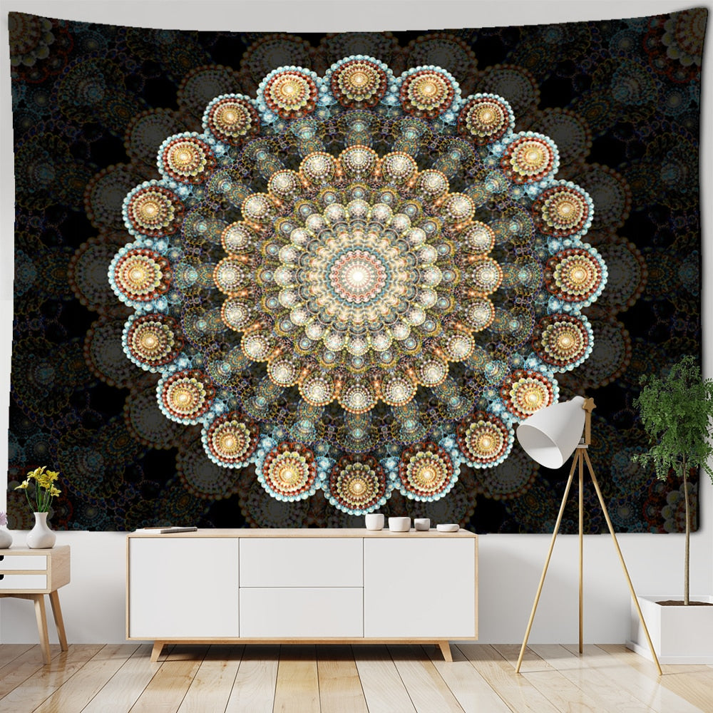 Mandala Pattern Tapestry Psychedelic Tai Chi Wall Hanging Dark Hippie Aesthetics Room Dormitory Living Home Decor - KiwisLove
