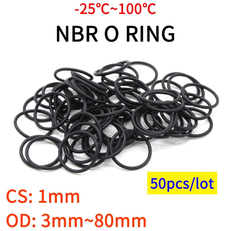 50pc NBR O Ring Seal Gasket Thickness CS 1mm OD 3~80mm Nitrile Butadiene Rubber Spacer Oil Resistance Washer Round Shape Black - KiwisLove