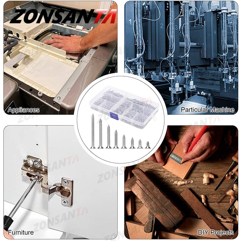ZONSANTA 500Pcs M3 Tapping Cross Flat Head Self Screw  Assortment Kit Wood Thread Nail Screw Sets Countersunk Head Fiber Screws - KiwisLove