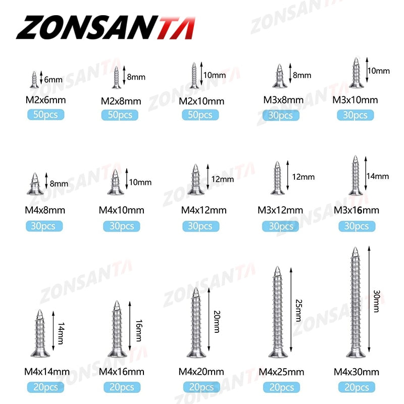 ZONSANTA M2 M3 M4 Self-Tapping Screw 304 Stainless Steel Phillips Flat Head Wood Screws Assortative Kit Fitment Tool accessories - KiwisLove
