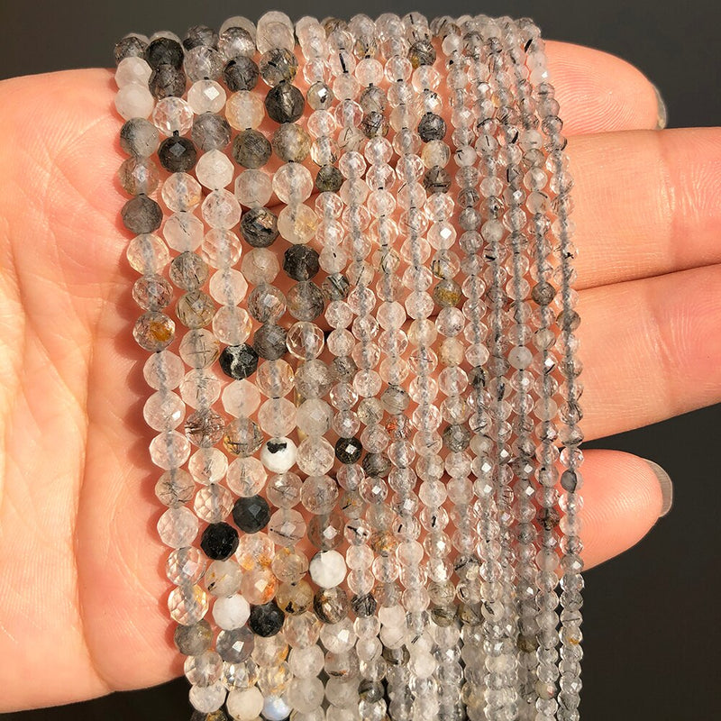 2 3 4mm Faceted Black Rutilated Quartz Gem Beads Natural Loose Stone Beads for Jewelry Making DIY Bracelet Earrings Accessories - KiwisLove