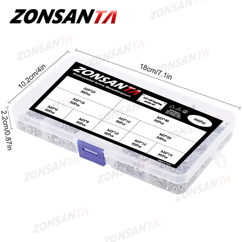 ZONSANTA 500Pcs M3 Tapping Cross Flat Head Self Screw  Assortment Kit Wood Thread Nail Screw Sets Countersunk Head Fiber Screws - KiwisLove