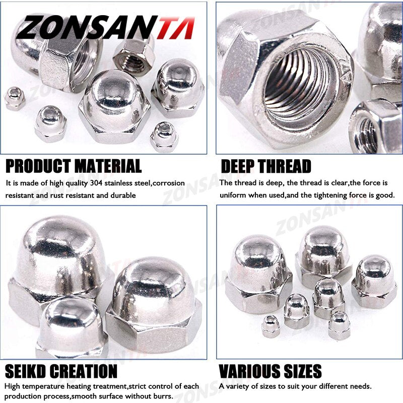 ZONSANTA Acorn Nut M3 M4 M5 M6 M8 M10 M12 Hex Cap Nuts 304 Stainless Steel Decorative Dome Cap Nuts Blind Nuts Assortment Kit - KiwisLove