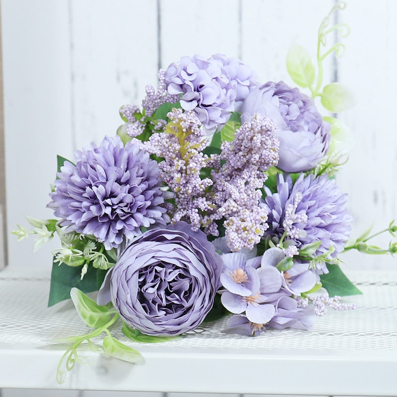 Roses Artificial Flowers White Silk Peony High Quality Sky Blue Bride Bouquet Wedding Decor Fake Flower Home Accessories Craft - KiwisLove