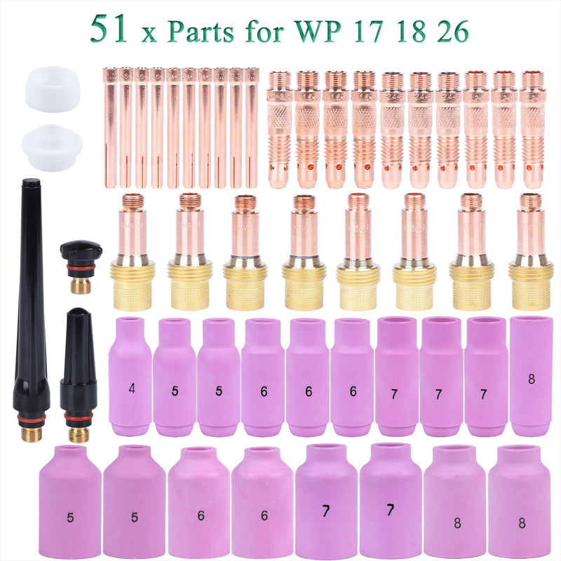 51Pcs TIG Welding Torch Gas Lens For WP17 WP18 WP26 TIG Back Cap Collet And Collet Body Spares Kit Durable Practical Accessories