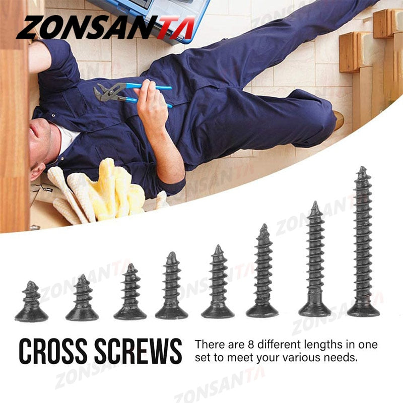 ZONSANTA 460pcs Black Countersunk Flat Head Self Tapping Screws Set M2 M3 M4 Carbon Steel Cross Wood Screw Assortment Kit - KiwisLove