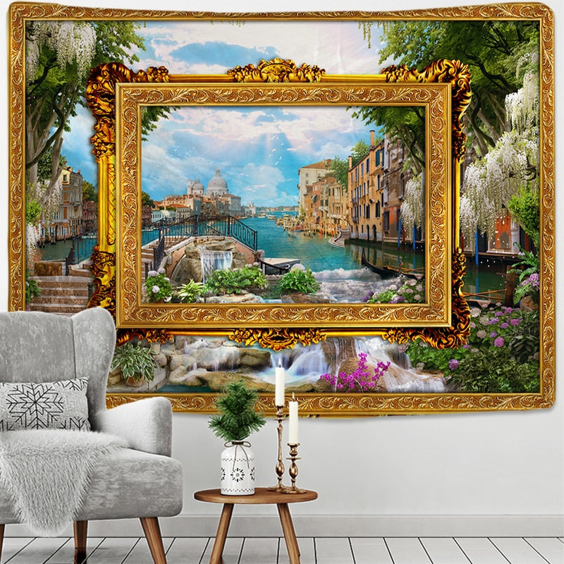 Fake Frame Tapestry Wall Hanging River Sky Clouds Bohemian Dorm Decor Yoga Mat Rug Architectural Attraction Venice - KiwisLove