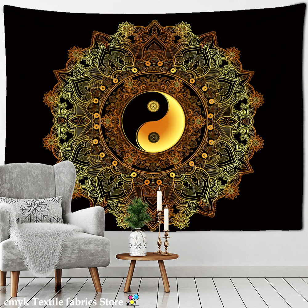 Mandala Pattern Tapestry Psychedelic Tai Chi Wall Hanging Dark Hippie Aesthetics Room Dormitory Living Home Decor - KiwisLove