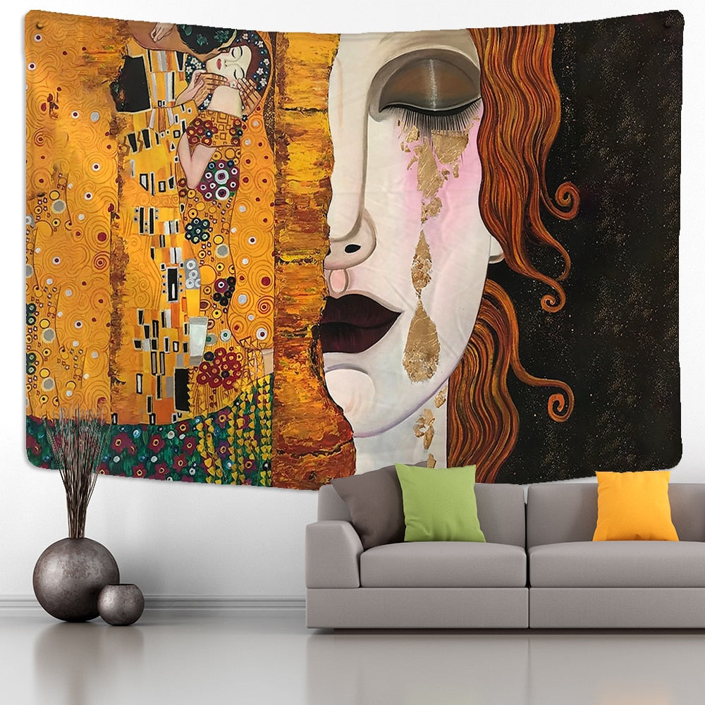 Gustav Klimt  Tapestry Wall Hanging Kiss Of Gold Abstract Art Decoration Polyester Blanket Yoga Mat Home Bedroom Art - KiwisLove