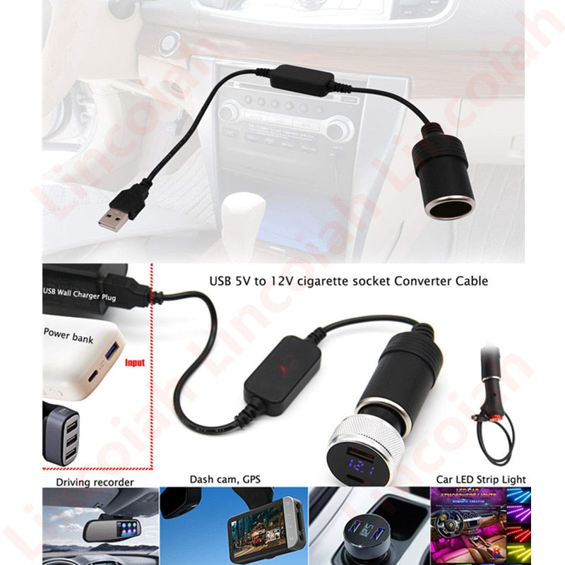 Converter Adapter Wired Controller USB Port to 12V Car Cigarette Lighter Socket Female Power Cord for Xiaomi Power Bank DVR - KiwisLove