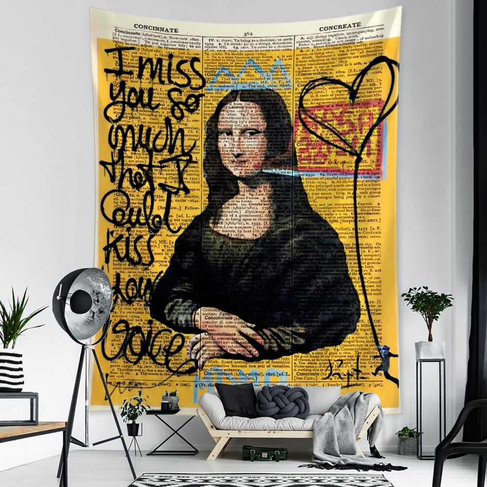 Mona Lisa Graffiti Tapestry Wall Hanging Boho Style Psychedelic Witchcraft Hippie Tapiz Bedroom Art Home Decor - KiwisLove