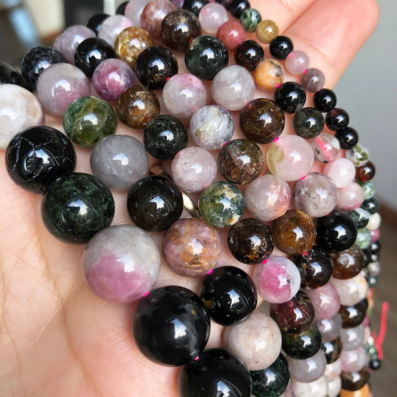 Natural Stone AB Colorful Tourmaline Round Loose Beads For Jewelry Making DIY Bracelet Accessories 15&#39;&#39;Inches 4 6 8 10 12mm