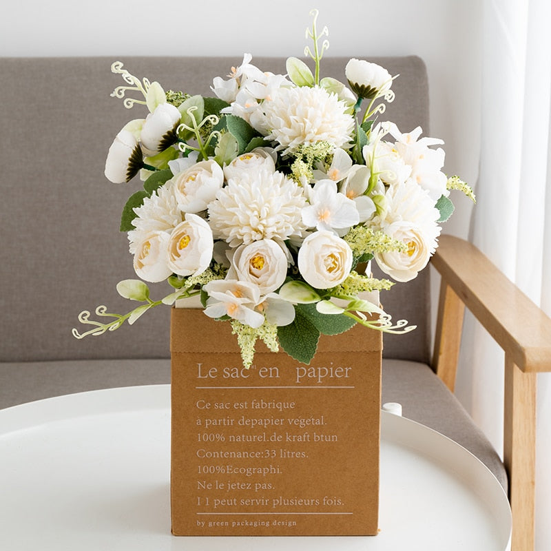 Retro Artificial Flowers Silk Rose Bouquet Hydrangea Peony Vintage Bride Holding Fake Flower Wedding Home Decoration Accessories - KiwisLove