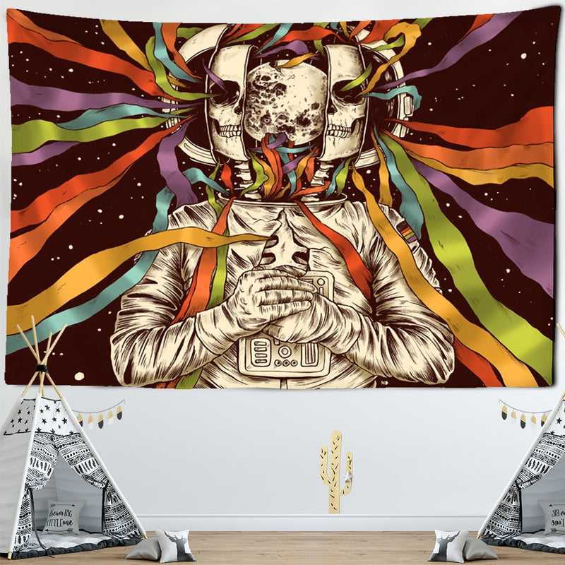 Nordic Style Skull Astronaut Tapestry Flowers Rainbow Moon Starry Sky Mandala Carpet Black Skull Witchcraft Wall Hanging Blanket - KiwisLove