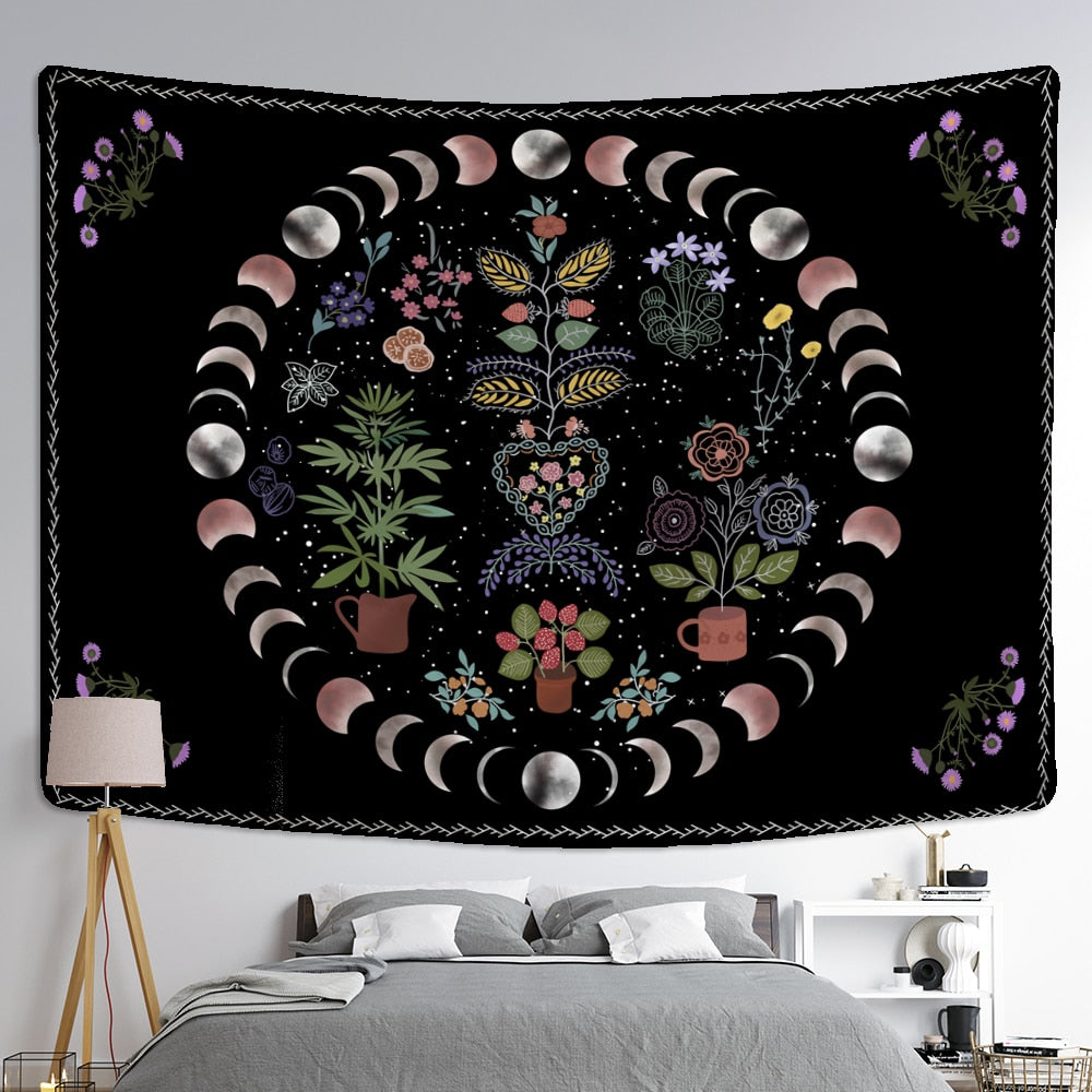 Moon Phase Tapestry Wall Hanging Plants Celestial Flowers Starry Sky Bohemian Witchcraft Hippie Home Decor - KiwisLove