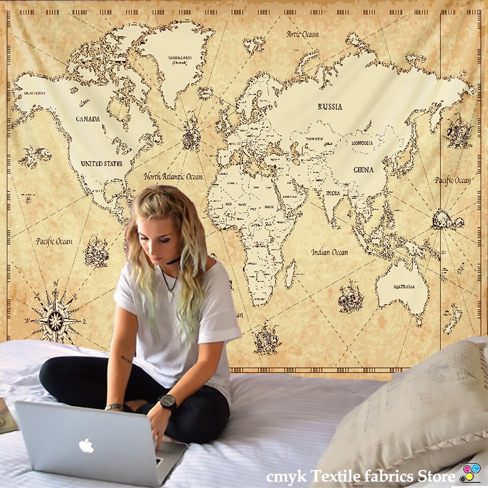 Retro World Map Wall Hanging Tapestry Sleeping Pad Wall Tapestry Art Round Towel Beach Blanket Decor - KiwisLove