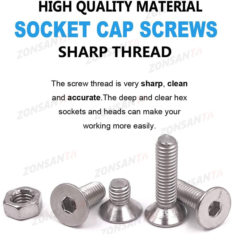 ZONSANTA 440pcs Hex Socket Flat Head Screws Bolts and Nuts Set M3 M4 M5 304 Stainless Steel  Mechanical Bolt Furniture Screws - KiwisLove