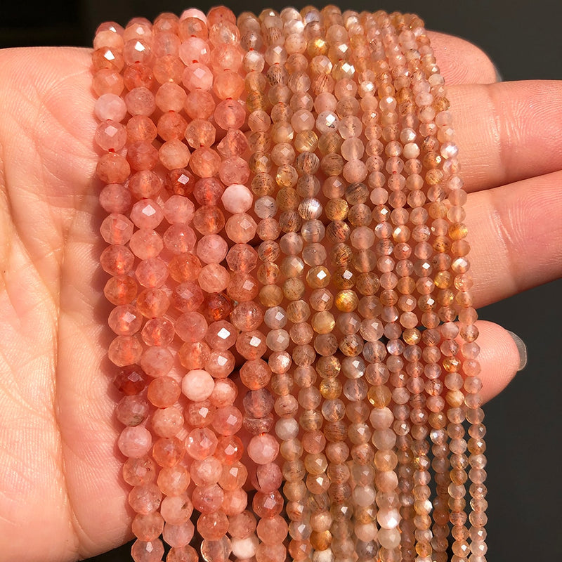 A+ Natural Sunstone Beads Faceted Gem Loose Spacer Beads for Jewelry Making DIY Bracelet Earrings Accessories 15&#39;&#39;Inches 2 3 4mm