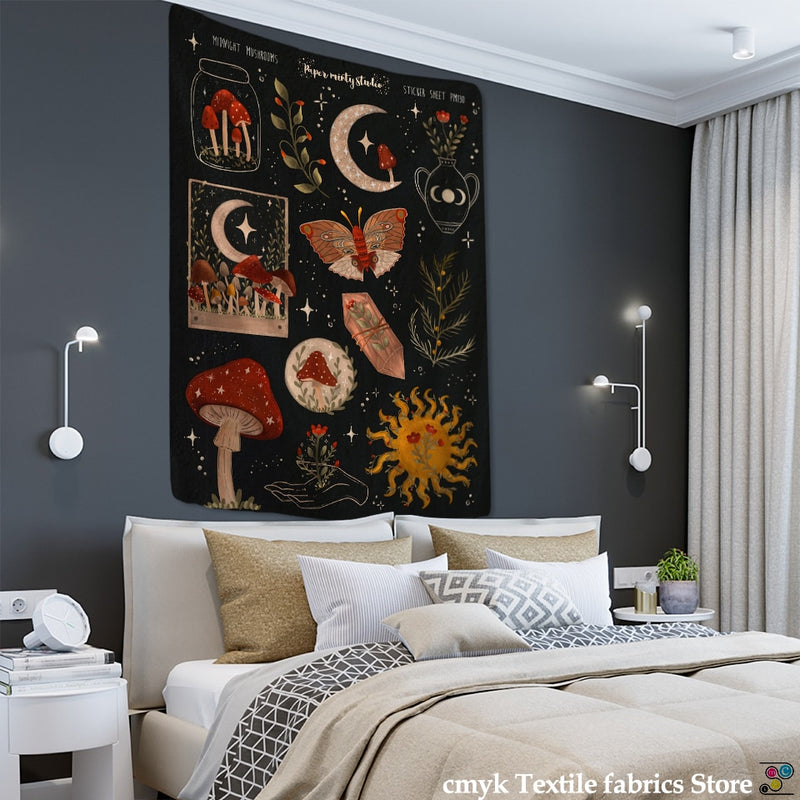 Plant Cactus Tapestry Wall Hanging Psychedelic Witchcraft Moon Starry Sky Mushroom Illustration Hippie Boho Style Home Decor - KiwisLove