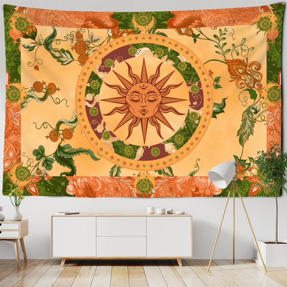 Burning Sun Tapestry Wall Hanging Flower Vine Retro Mysterious Hippie Bohemian Witchcraft Home Decor - KiwisLove