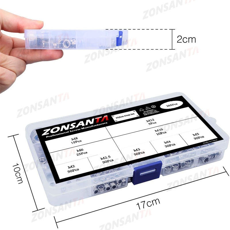 ZONSANTA 265Pcs Nylon Lock Nut M2 M2.5 M3 M4 M5 M6 M8 M10 M12 Hex Hexagon Self LockNut Set Stainless Steel Locking Nuts Kit - KiwisLove