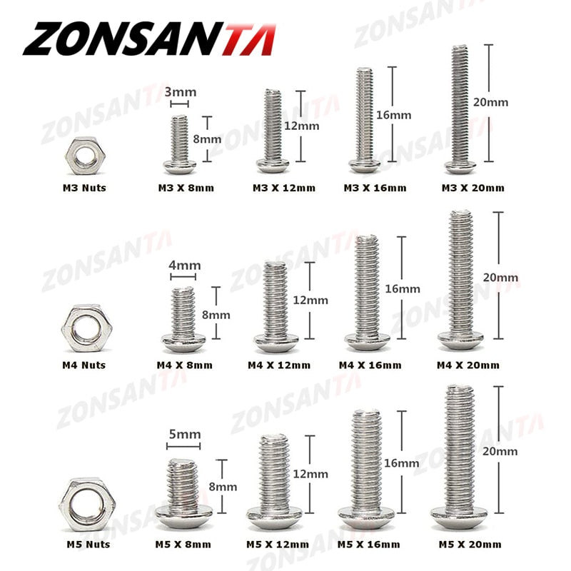 ZONSANTA 440Pcs M3 M4 M5 Bolt and Nuts Hex Hexagon Socket Screw Set Stainless Steel Round Flat Cap Head Screw Kit Allen bolt Set - KiwisLove