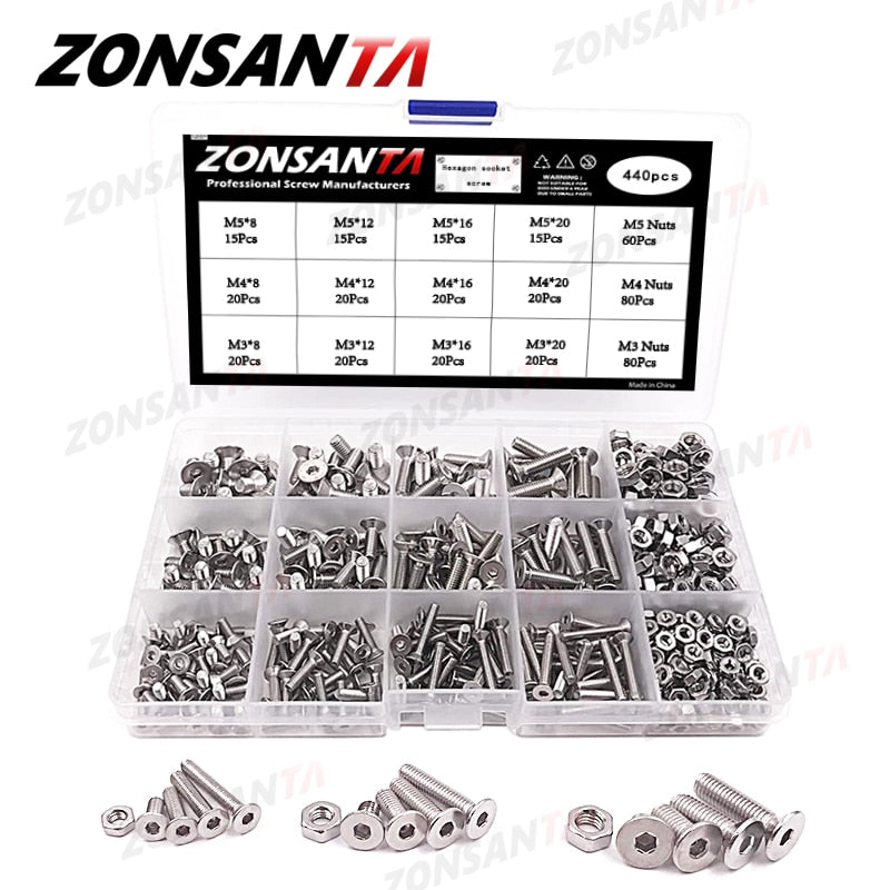 ZONSANTA 440Pcs M3 M4 M5 Bolt and Nuts Hex Hexagon Socket Screw Set Stainless Steel Round Flat Cap Head Screw Kit Allen bolt Set - KiwisLove
