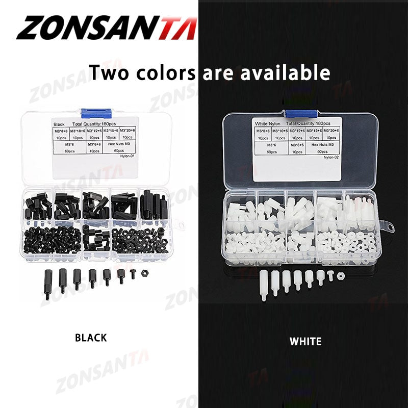 ZONSANTA 180Pcs M3  Black White Male Hex Nylon Spacer Column PCB Standoff Fixed Round Head Nylon Plastic Spacing Screws Nuts - KiwisLove