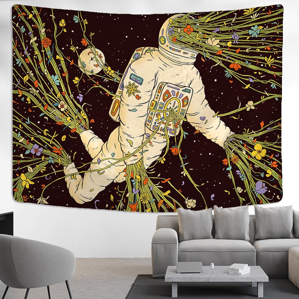 Nordic Style Skull Astronaut Tapestry Flowers Rainbow Moon Starry Sky Mandala Carpet Black Skull Witchcraft Wall Hanging Blanket - KiwisLove