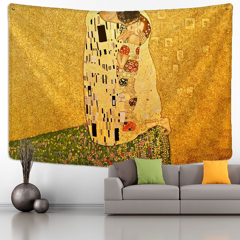 Gustav Klimt  Tapestry Wall Hanging Kiss Of Gold Abstract Art Decoration Polyester Blanket Yoga Mat Home Bedroom Art - KiwisLove