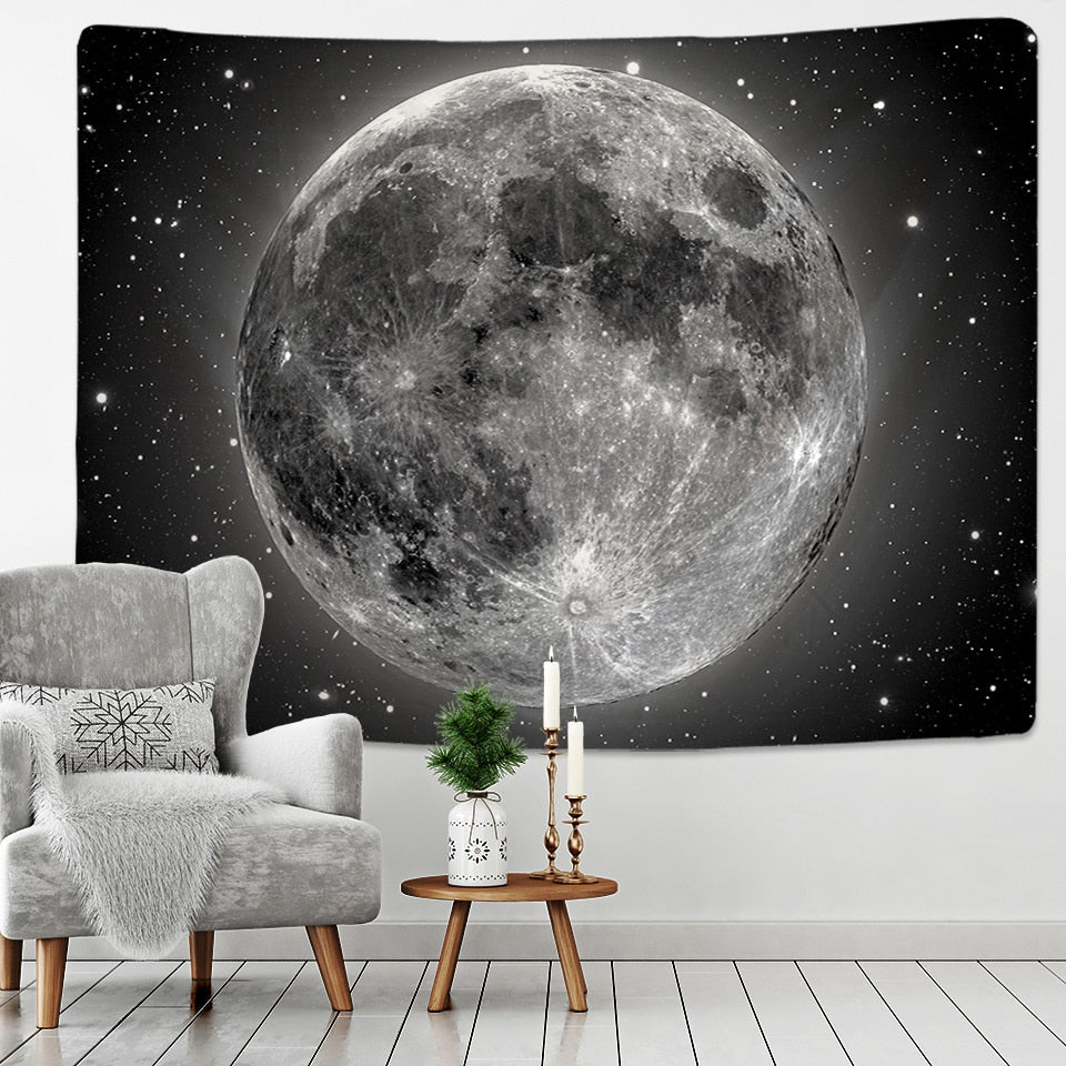 Black and White Moon Tapestry Starry Sky Printing Tapestry Wall Beach Blanket Picnic Yoga Mat Living Room Decor - KiwisLove