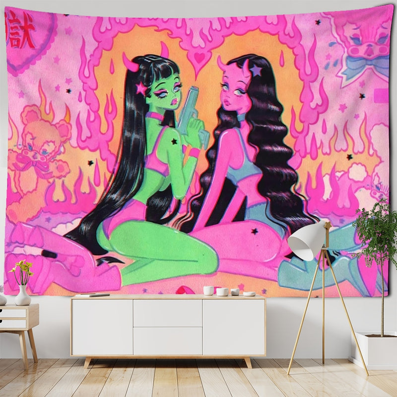 Kawaii Women Wall Hanging Tapestry Anime Cute Girl Illustration Aesthetic Art Tapiz Hippie Room Dorm Decor - KiwisLove