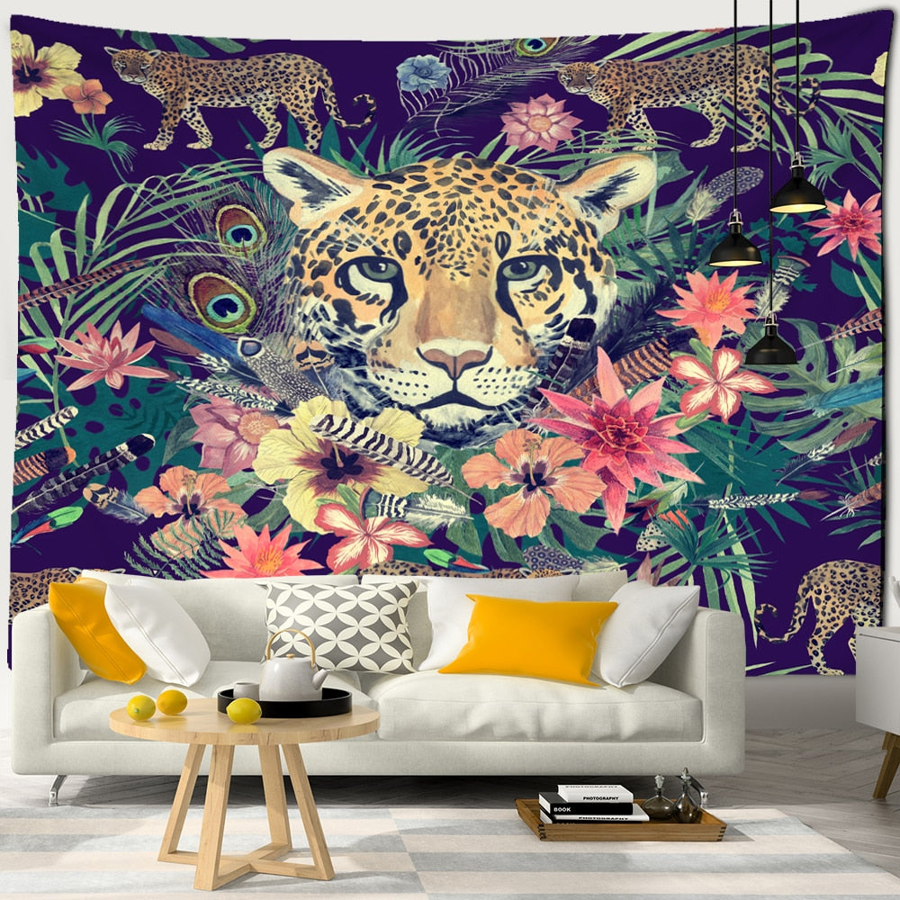 Mysterious Forest Tapestry Wall Hanging Flowers Jungle Animals Moon Ocean Landscape Illustration Room Home Decor - KiwisLove