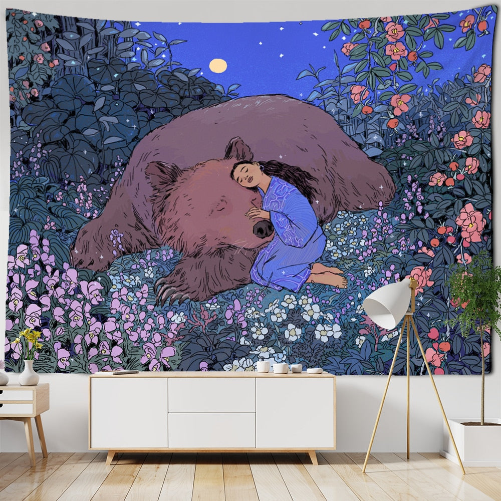 Mysterious Forest Tapestry Wall Hanging Flowers Jungle Animals Moon Ocean Landscape Illustration Room Home Decor - KiwisLove