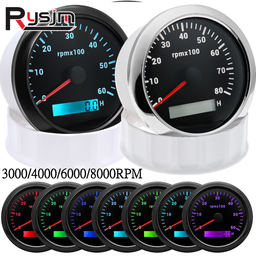 HD 85mm Tachometer With LCD Hourmeter 7 Color Backlight Tacho Gauge 3000 4000 6000 7000 8000 RPM For Marine Boat Car 12V/24V - KiwisLove
