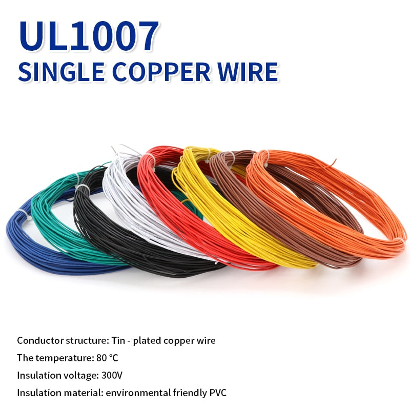2/5M UL1007 PVC Tinned Copper Single Core Wire Cable Line 14/16/18/20/22/24/26AWG White/Black/Red/Yellow/Green/Blue/Brown/Orange - KiwisLove