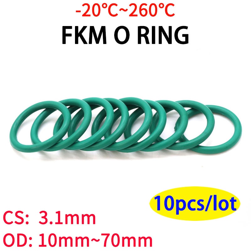 10Pcs CS 3.1mm OD 10~70mm Green FKM Fluorine Rubber O Ring Sealing Gasket Insulation Oil High Temperature Resistance Green - KiwisLove