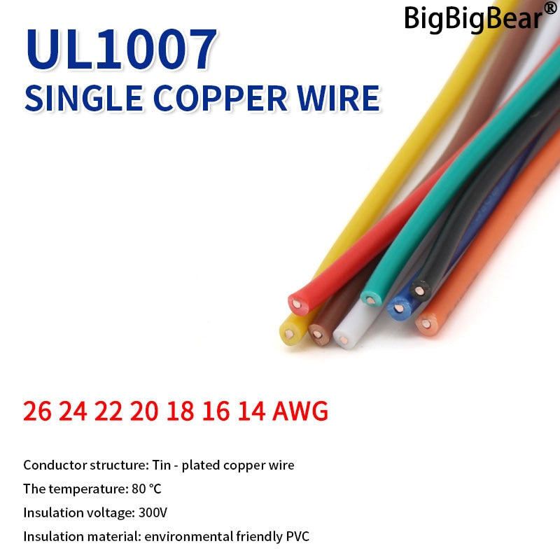 2/5M UL1007 PVC Tinned Copper Single Core Wire Cable Line 14/16/18/20/22/24/26AWG White/Black/Red/Yellow/Green/Blue/Brown/Orange - KiwisLove