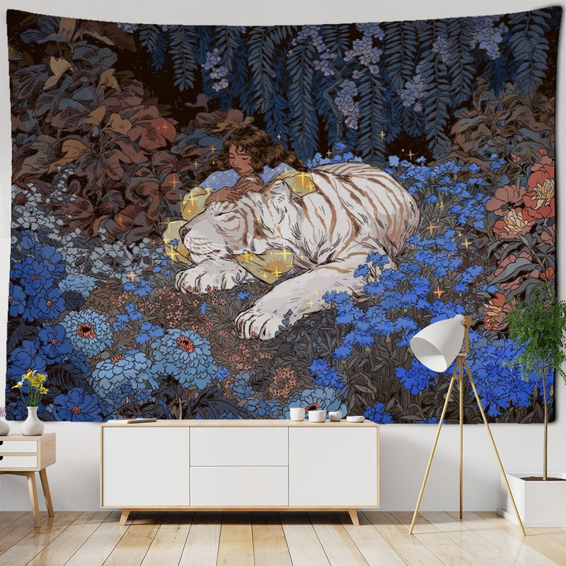 Mysterious Forest Tapestry Wall Hanging Flowers Jungle Animals Moon Ocean Landscape Illustration Room Home Decor - KiwisLove