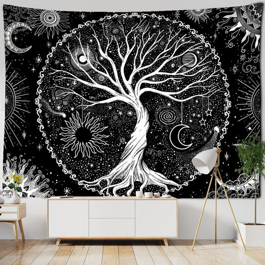 Mystic Witchcraft Black And White Tree Of Life Tapestry Wall Hanging Psychedelic Wishing Tree Hippie Mandala Home Decor - KiwisLove