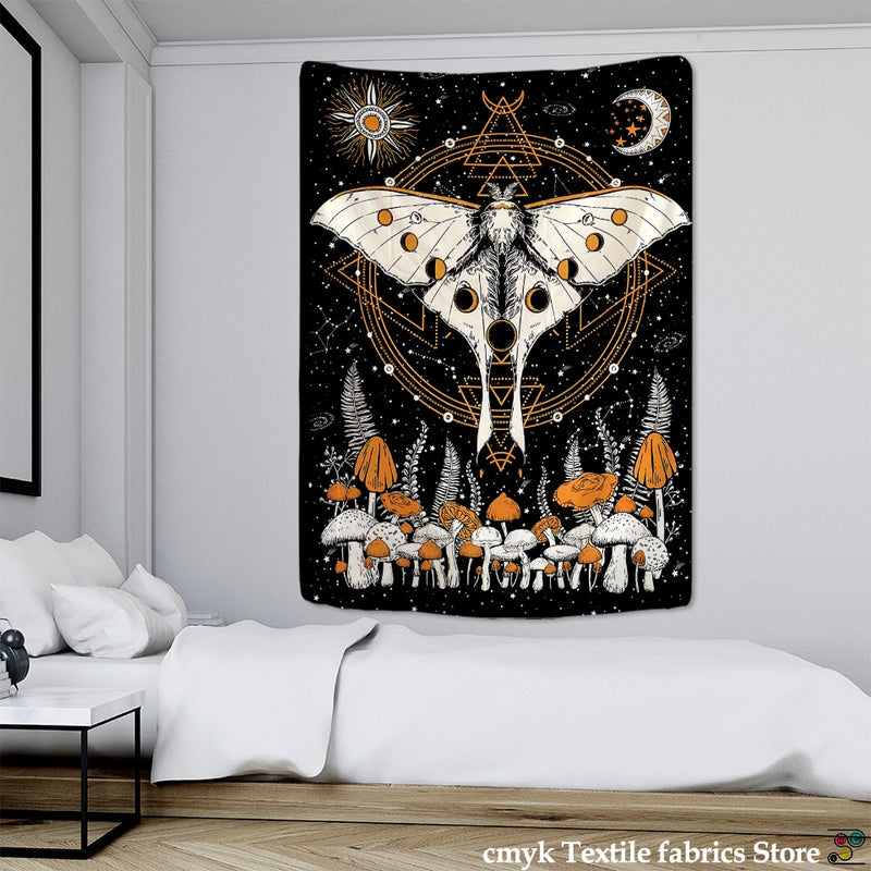 Moon Phase Flower Moth Tapestry Wall Hanging Mushroom Mandala Boho Hippie Sun Moon Bedroom Wall Decor - KiwisLove