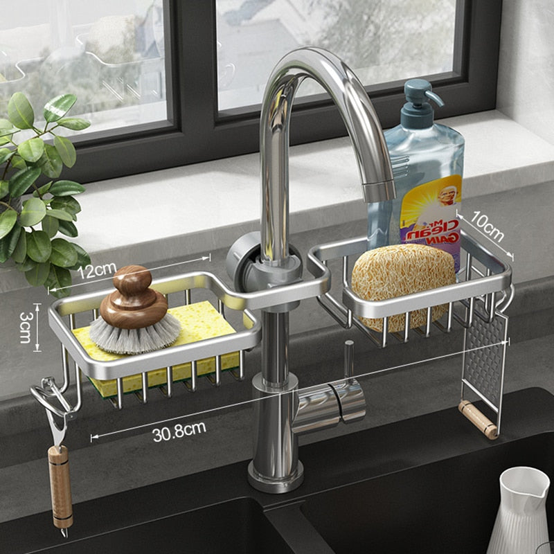 Kitchen Space Aluminum Sink Drain Rack Sponge Storage Faucet Holder Soap Drainer Shelf Basket Organizer Bathroom Accessories - KiwisLove