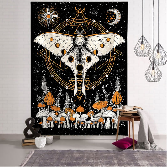 Moon Phase Flower Moth Tapestry Wall Hanging Mushroom Mandala Boho Hippie Sun Moon Bedroom Wall Decor - KiwisLove