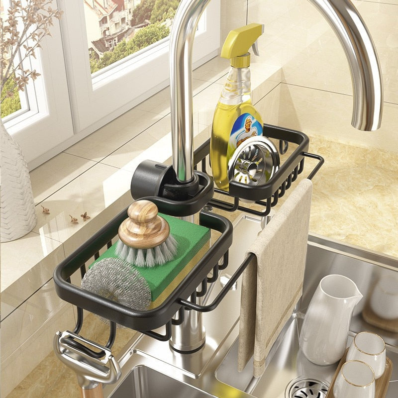 Kitchen Space Aluminum Sink Drain Rack Sponge Storage Faucet Holder Soap Drainer Shelf Basket Organizer Bathroom Accessories - KiwisLove