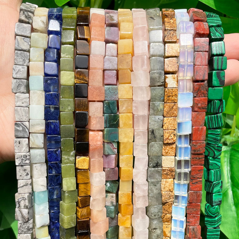 4 6 8mm Natural Square Stone Cube Tiger Eye Amazonite Opal Labradorite Loose Beads for Jewelry Making DIY Charm Bracelet 15&#39;&#39;