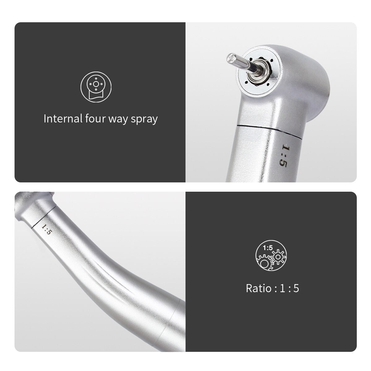 Dental 1:5 Increasing Contra Angle Push Button Low Speed Handpiece Internal Four Way Spray Compatible with E-type Motor - KiwisLove